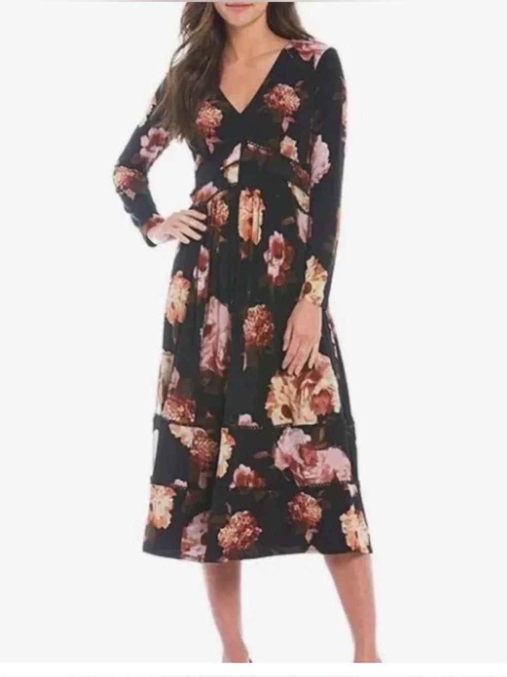 Taylor Dark Floral Jersey Midi Dress New with Tags Crochet Trim Size 2 Romantic - Picture 2 of 11